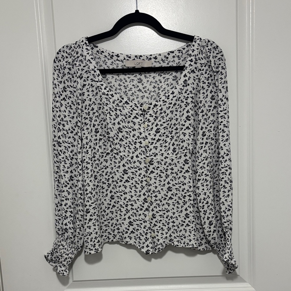 LOFT White Blouse with Black Floral Print Button-Front